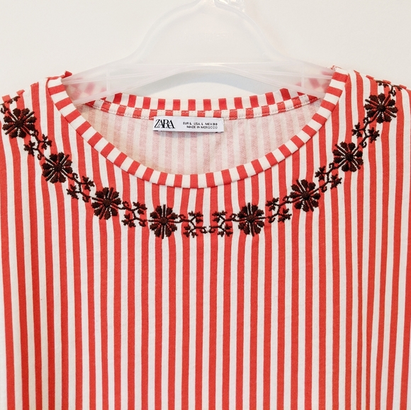 ZARA UK Embroidered Stripe Short Sleeve Top - Picture 4 of 6